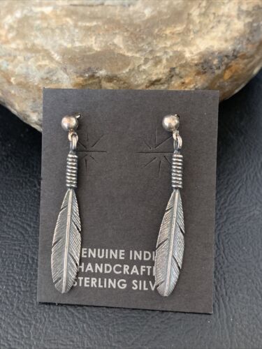 Old Pawn Southwestern Sterling Silver Dangle Feather Earrings | 1" | 12989