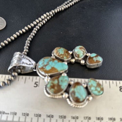 Navajo Blue #8 Turquoise Squash Blossom Necklace Pendant | Authentic Native American Sterling Silver | Naja | 14241