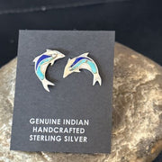 Navajo Multi-Color Dolphin Earrings | Turquoise Lapis Inlay | Sterling Silver | Authentic Native American Handmade | 14657