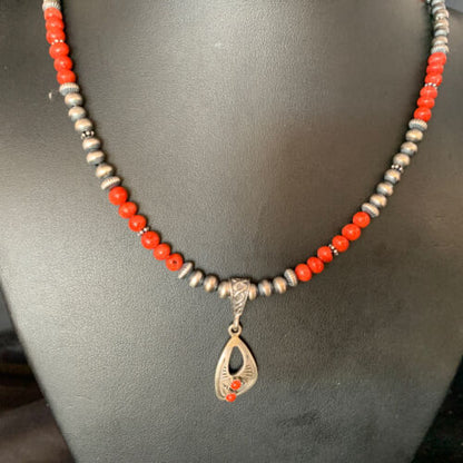 Native American Navajo Red Coral Pendant Necklace | Sterling Silver | 13842