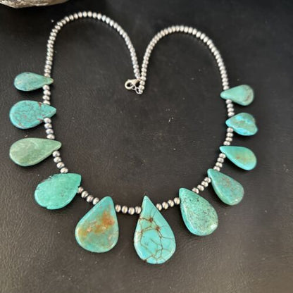 Navajo Teardrop Blue Turquoise Necklace | Sterling Silver Pearls | Authentic Native American Handmade | 14389