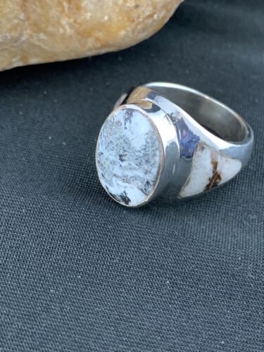 Navajo White Buffalo Turquoise Inlay Ring | Sterling Silver | Sz 8.5 | Authentic Native American Handmade | 4948