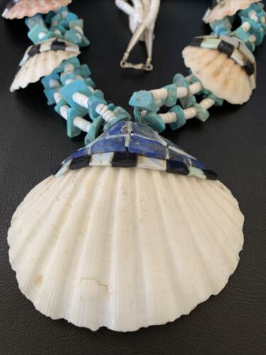 Native American Zuni Shell Pendants | Spiny Oyster & Blue Turquoise Necklace | 30" | 12520