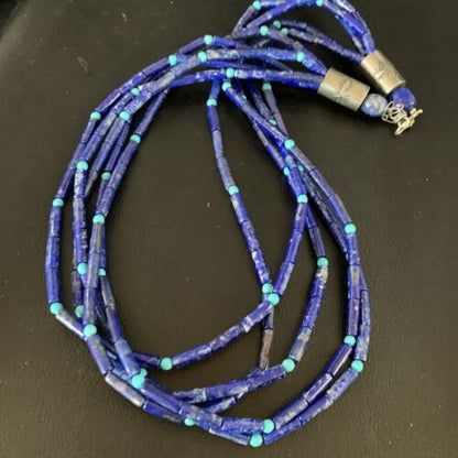 Women's Men's Sterling Silver Blue Denim Lapis Turquoise Necklace | 5 Strand | 22" | 13405