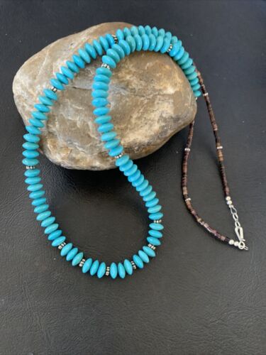 Navajo Pearls Bead Necklace | Blue Turquoise | Sterling Silver | 24" | Authentic Native American Handmade | 12538