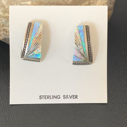 Navajo Blue White Opal Inlay Earrings | Sterling Silver | Authentic Native American Handmade | 12117 - Masha USA