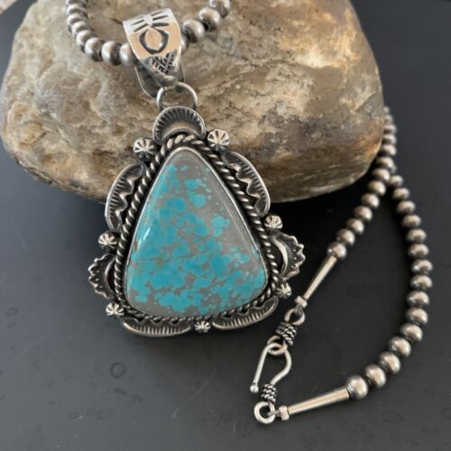 Navajo Pearls Sterling Silver Necklace with Blue Turquoise #8 Pendant | Authentic Native American Handmade | 11311