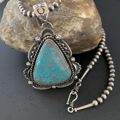 Navajo Pearls Sterling Silver Necklace with Blue Turquoise #8 Pendant | Authentic Native American Handmade | 11311