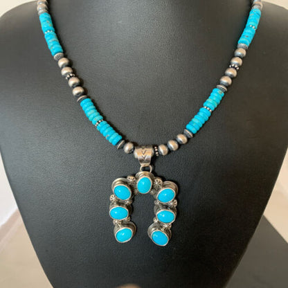 Navajo Blue Turquoise Necklace with Sterling Silver Naja Pendant | Authentic Native American Handmade | 02017
