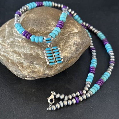 Blue Turquoise Sugilite Navajo Sterling Silver Necklace Pendant | Multi-Stone | 14644