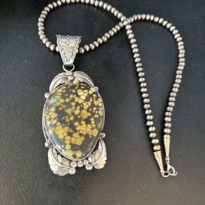 Navajo Green Spiderweb Turquoise Pendant Necklace | Sterling Silver Beads | Authentic Native American Handmade | 14806