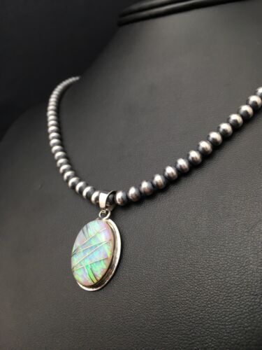 Navajo Pearls Opal Inlay Pendant | Sterling Silver Necklace | Authentic Native American Handmade | 4400