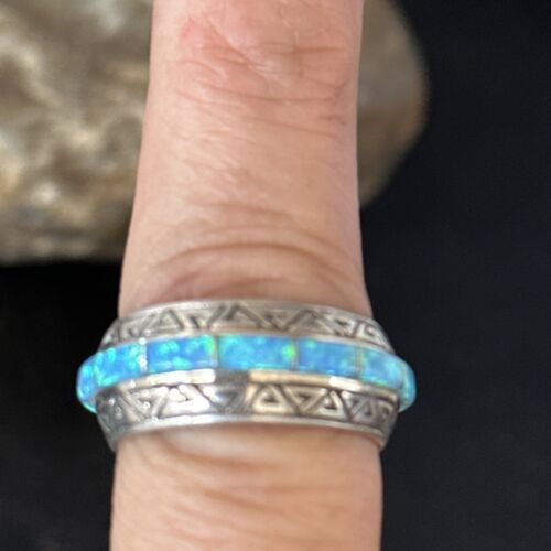 Navajo Blue Opal Inlay Eternity Band Ring | Sterling Silver | Sz 8 | Authentic Native American Handmade | 14544