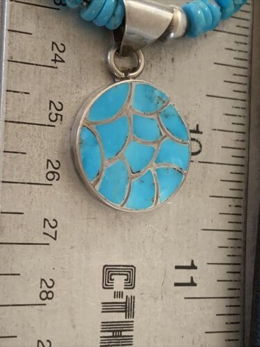 Southwestern Zuni Turquoise Necklace | Sterling Silver Inlay Pendant | Authentic Native American Handmade | 2089