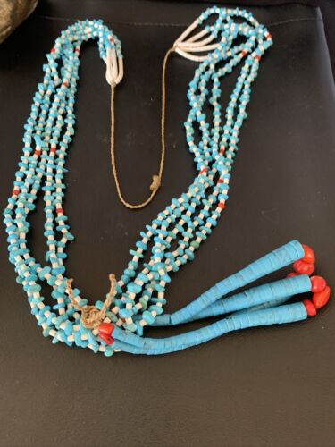 Native American Santo Domingo Blue Turquoise Coral Necklace | 5 Strand Nugget Bead | 34" | 13181