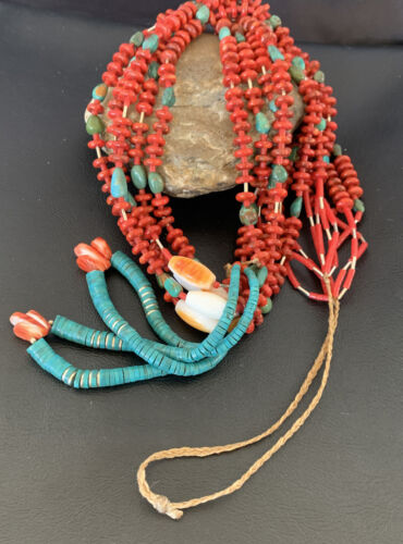 Southwestern Santo Domingo Red Coral Green Turquoise 5-Strand Jacla Necklace | 38" | Native American Handmade | 12052