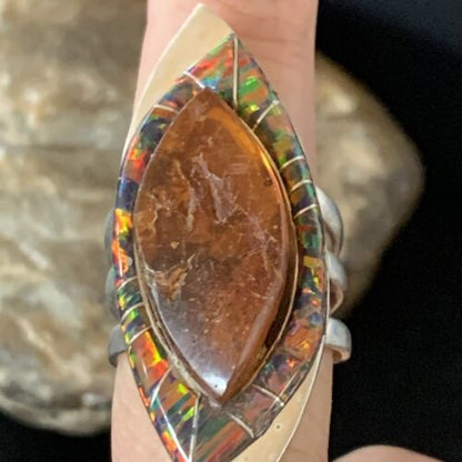 Navajo Sterling Silver Opal Inlay Ring with Amber | Sz 9 | Authentic Native American Handmade | Pomellato | 12849