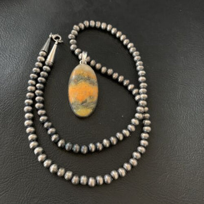 Navajo Yellow Bumblebee Jasper Pendant Necklace | Sterling Silver | Authentic Native American Handmade | 12809