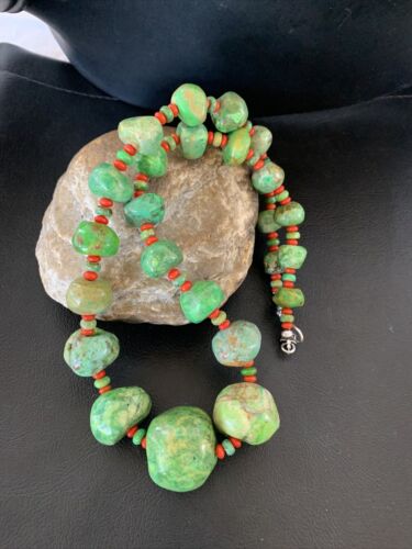 Southwestern Chunky Green Turquoise & Coral Necklace | Sterling Silver | Authentic Native American | 18" | 01843