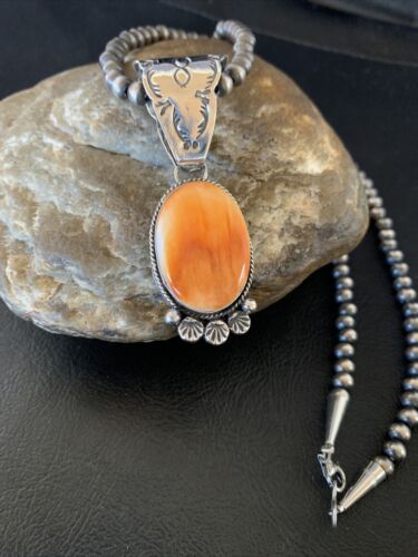 Navajo Orange Spiny Oyster Pendant Necklace | Sterling Silver | Authentic Native American Handmade | 13085