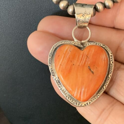 Navajo Orange Heart Spiny Oyster Pendant | Sterling Silver Necklace | Authentic Native American Handmade | 13947