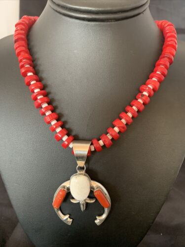 Navajo White Buffalo Turquoise Coral Naja Pendant | Sterling Silver | Authentic Native American Handmade | 10517