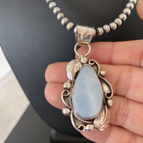 Native American Men's Necklace | Navajo Sterling Silver Beads with Blue Larimar Pendant | 01364