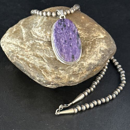 Navajo Pearls Purple Charoite Pendant Necklace | Sterling Silver | Authentic Native American Handmade | 14463