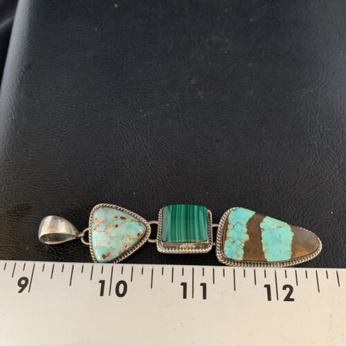 Navajo Pearls Necklace Pendant | Sterling Silver | Blue Turquoise #8 Malachite | Native American Handmade | 13500
