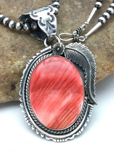 Navajo Red Spiny Oyster Pendant Necklace Set | Sterling Silver | Authentic Native American Handmade | Yazzie | 2879