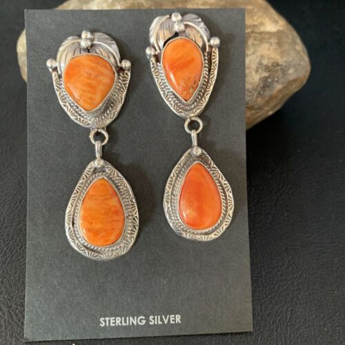 Native Orange Spiny Oyster Dangle Earrings Navajo Sterling Silver 13818