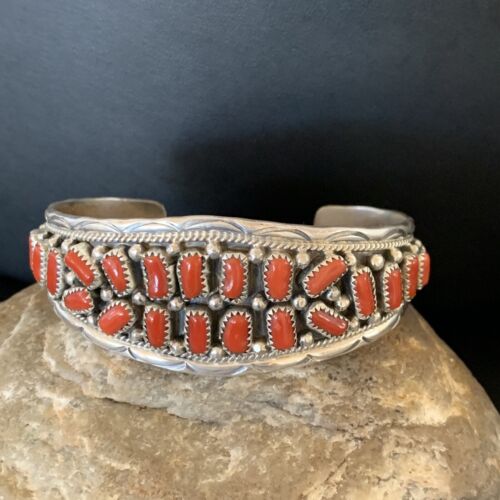 Navajo Multi-Stone Red Coral Bracelet | Sterling Silver | Authentic Native American Handmade | 12235