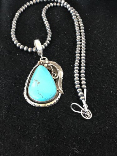 Kingman Turquoise Pendant | Navajo Pearls Sterling Silver Necklace | Authentic Native American Handmade | 8573