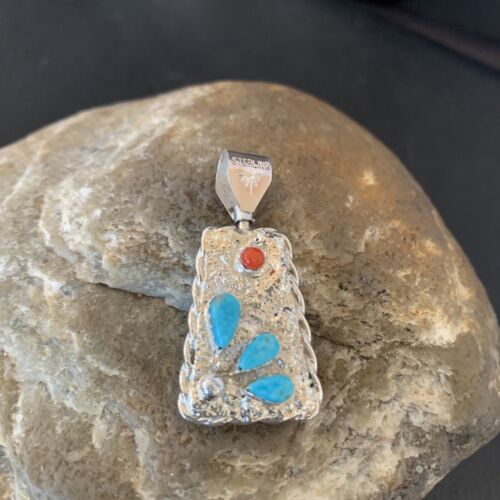 Zuni Yellow Mother of Pearl Turquoise Coral Inlay Sun Face Pendant | Sterling Silver | 2-Sided | 1685