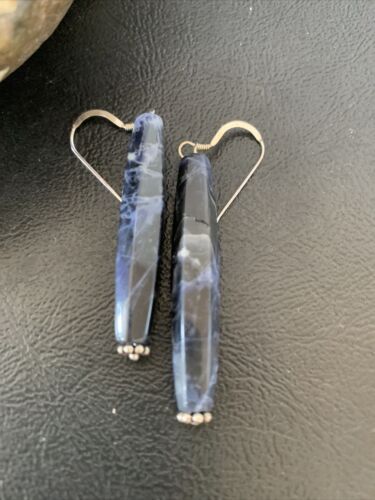 Navajo Blue Lapis Lazuli Bead Dangle Earrings | Sterling Silver | Authentic Native American Handmade | 13031