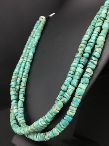 Native American Sterling Silver 3-Strand Turquoise Heishi Necklace | 27" | 6mm Beads | 1138 - Masha USA