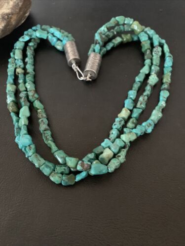 Navajo Green Turquoise Bone Bead Necklace | 3 Strand | Sterling Silver | 01992