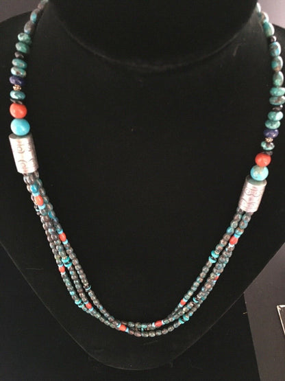 Navajo Blue Spiderweb Turquoise Coral Necklace | Sterling Silver | 3-Strand 29" | 1722