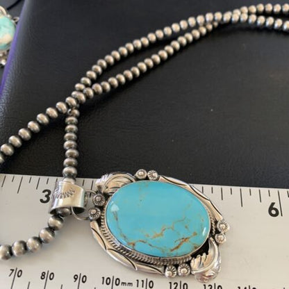 Navajo Pearl Blue Kingman Turquoise Necklace Pendant | Sterling Silver | Authentic Native American Handmade | 12287