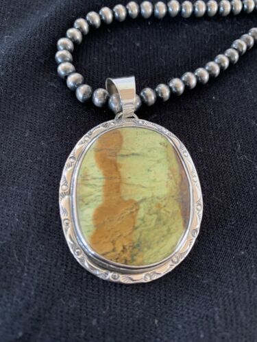 Navajo Green Gaspeite Pendant Necklace | Sterling Silver | Authentic Native American Handmade | 388