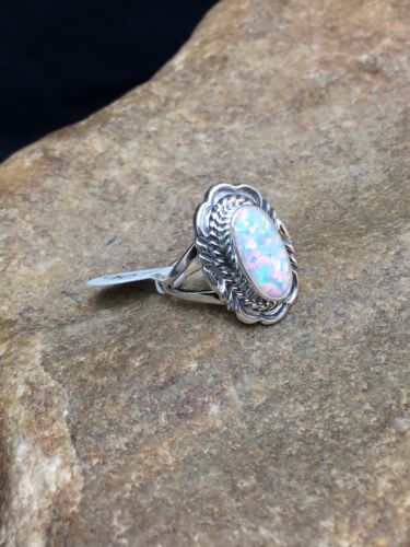 Native American Pink Opal Inlay Ring | Navajo Sterling Silver | Sz 7.75 | 2521 - Masha USA