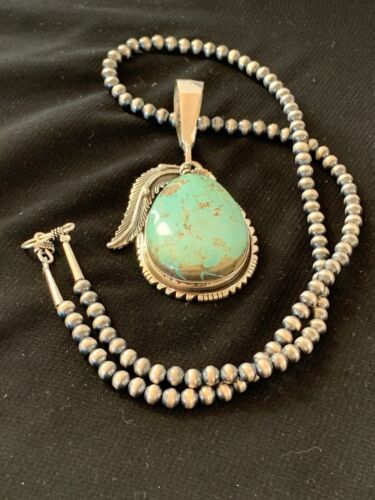 Men's Navajo Pearls | Sterling Silver | Blue Turquoise #8 Necklace & Pendant Set | 13749
