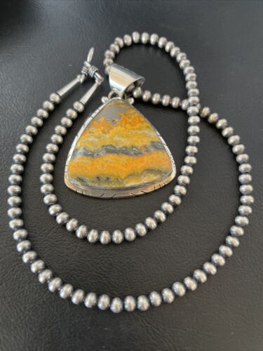Men's Navajo Pearls Necklace with Bumblebee Jasper Pendant | Sterling Silver | Authentic Native American Handmade | 10558