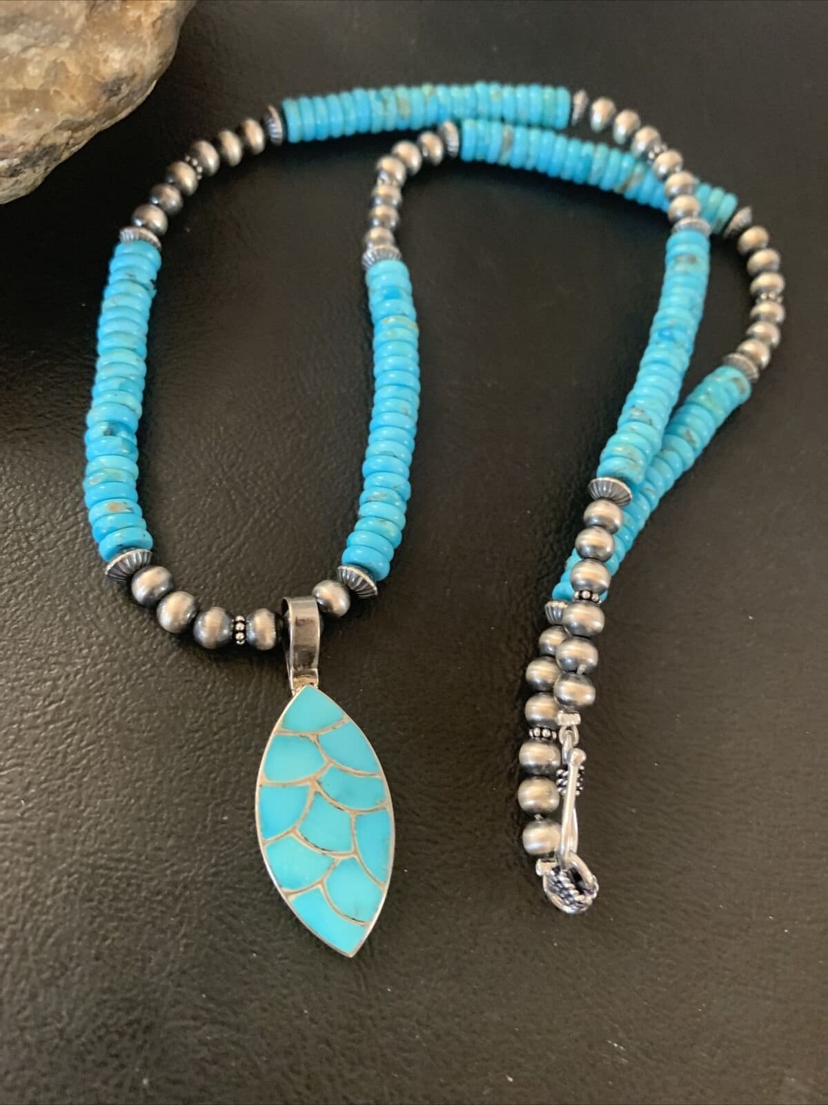 Zuni Blue Turquoise Necklace with Inlay Pendant | Sterling Silver | Authentic Native American Handmade | 02092