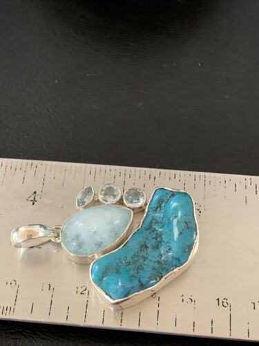 Navajo Blue Topaz Turquoise Pendant | Sterling Silver | 2" | Authentic Native American Handmade | 10832