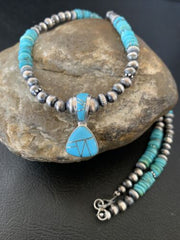Navajo Pearl Necklace with Blue Turquoise Inlay Pendant | Sterling Silver | Authentic Native American Handmade | 12500