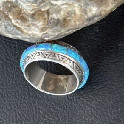 Navajo Blue Opal Inlay Eternity Band Ring | Sterling Silver | Sz 6 | Authentic Native American Handmade | 14546 - Masha USA