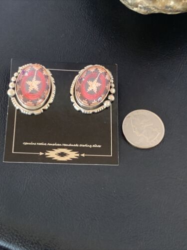 Navajo Red Rug Design Stud Earrings | Sterling Silver | 1" | Authentic Native American Handmade | 13110