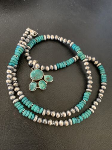Navajo Pearl Necklace with Blue Cluster Turquoise and Multi-Stone Pendant | Authentic Native American Sterling Silver | 12546