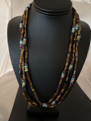 Navajo Turquoise, Tigers Eye & Spiny Oyster Necklace | Sterling Silver | Authentic Native American Handmade | 1132